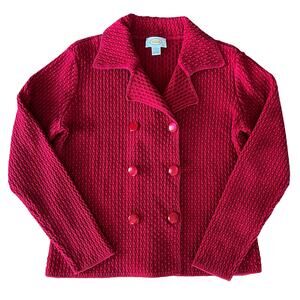 Talbots Cranberry Red Knit Sweater Double Breasted Button Collared Jacket Blazer